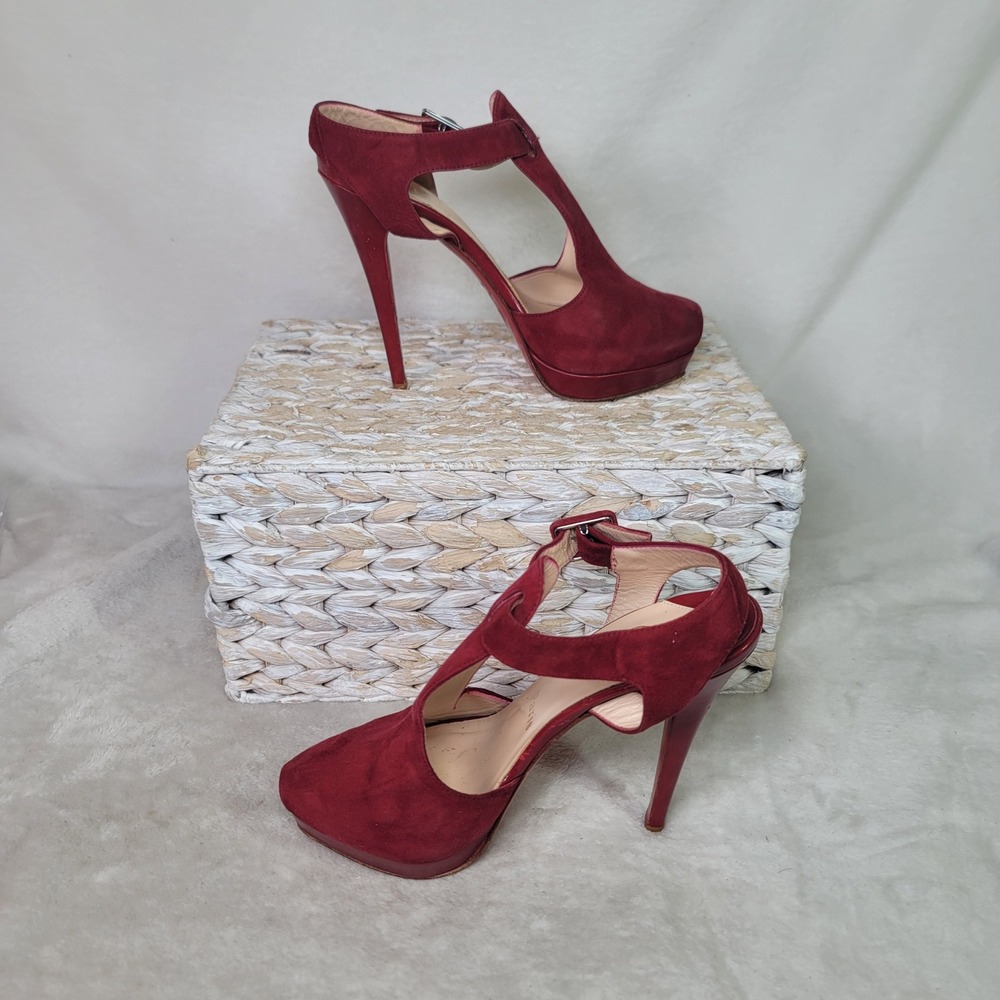 Christian Louboutin Burgundy Suede T-Strap Platform Pumps Mary Jane Designer 7
